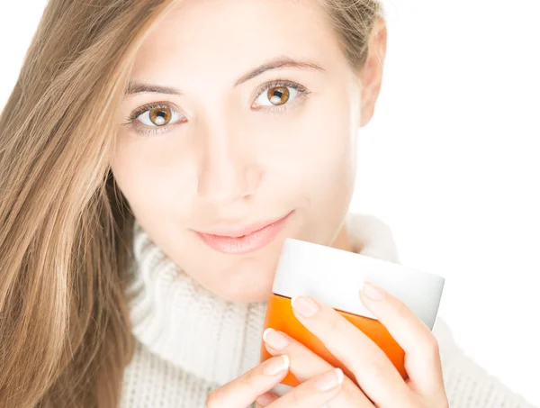 Pretty young woman with mug on white background. — Stock Photo, Image