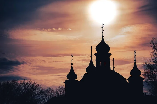 Silhouette Church Belarus Sunset Clouds Sky Background — Stock Photo, Image