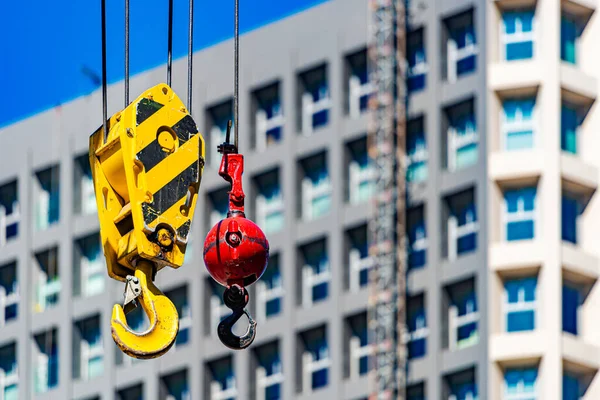 Hooks Crane Construction Site Building Sky Background — стоковое фото