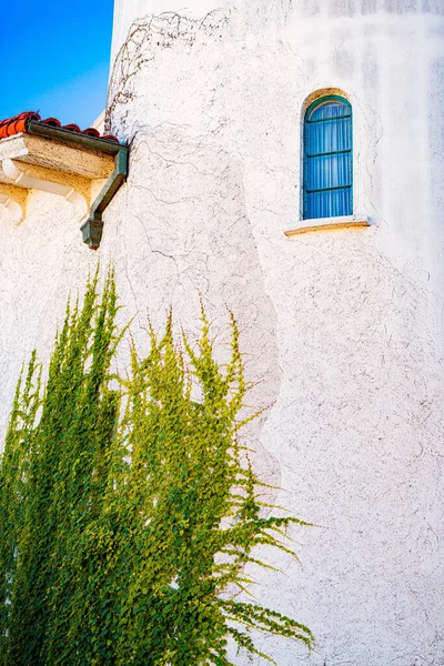アメリカ サンタバーバラ郡の古い教会の水平壁を登る緑の植物 — ストック写真