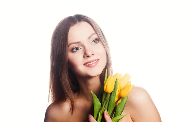 Menina com tulipas — Fotografia de Stock