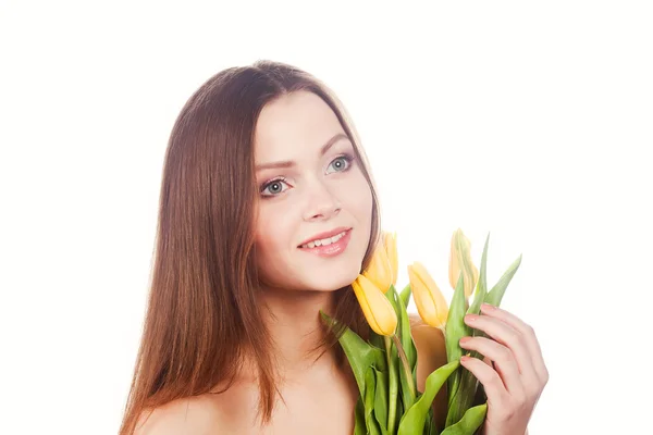 Menina com tulipas — Fotografia de Stock