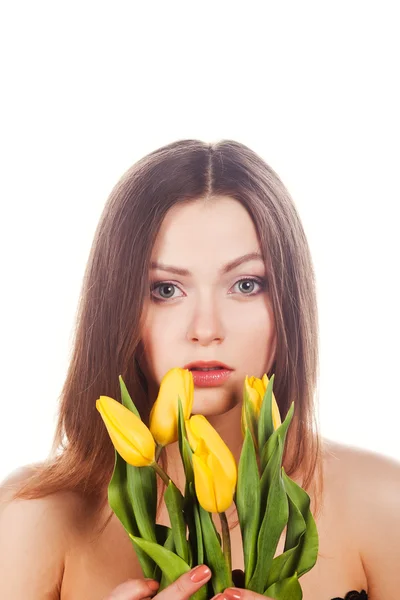 Menina com tulipas — Fotografia de Stock