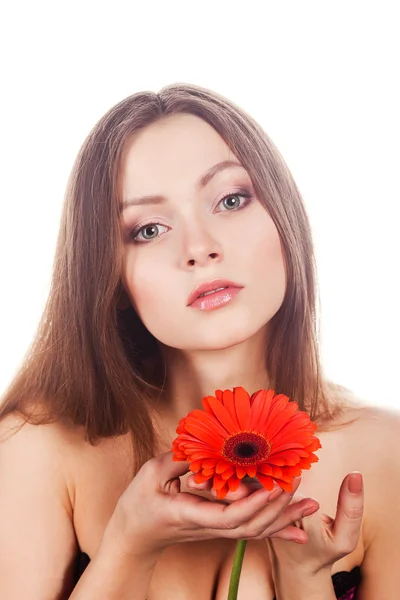 Portret van jonge mooie vrouw met rode gerbera — Stockfoto
