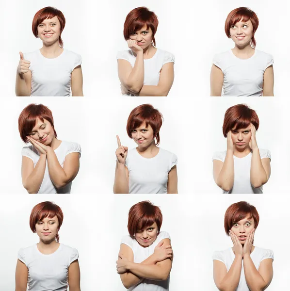 Collage av ung kvinna ansikte uttryck komposit isolerad på vit bakgrund — Stockfoto