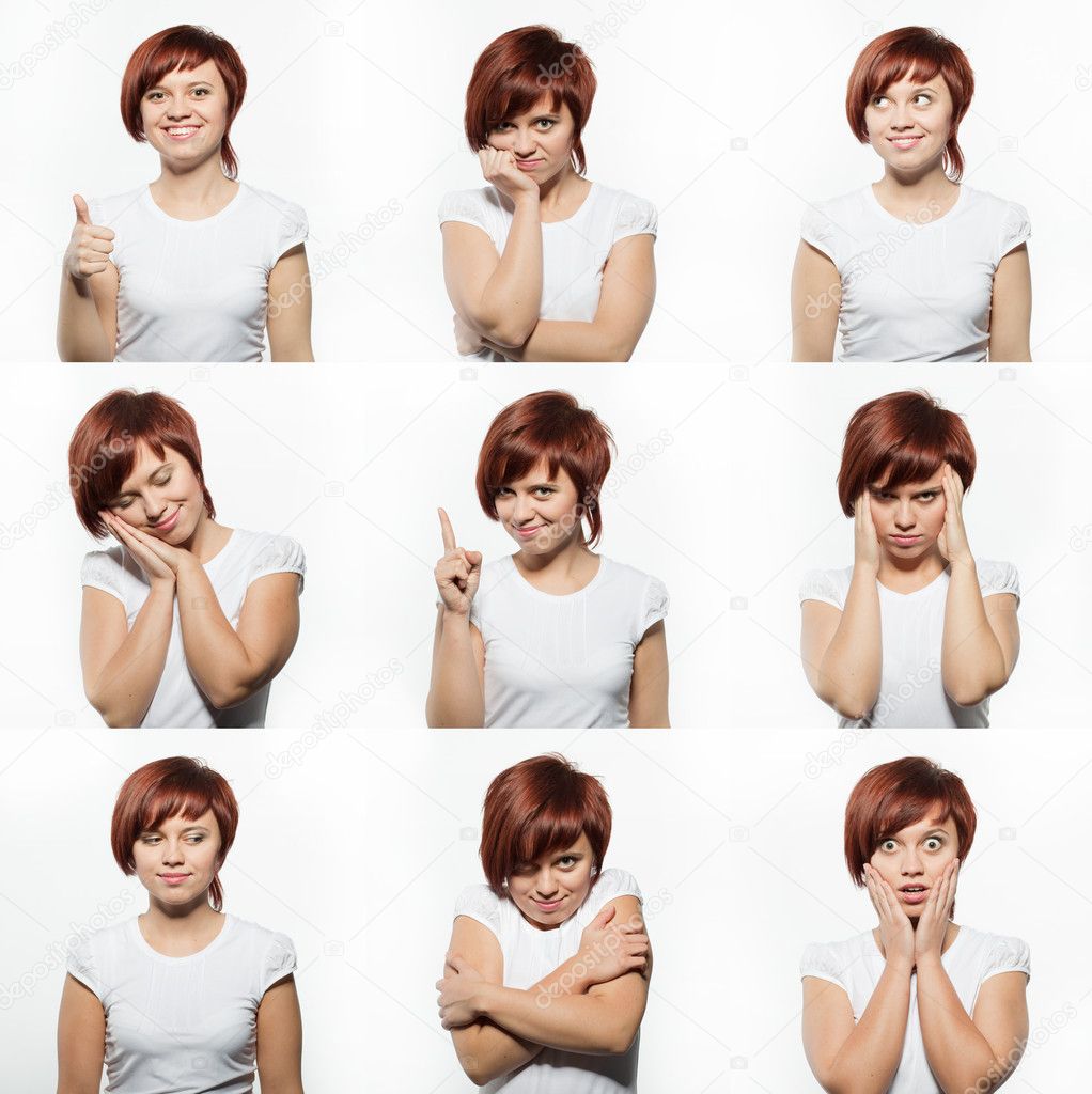 Collage of young woman face expressions composite isolated on white background