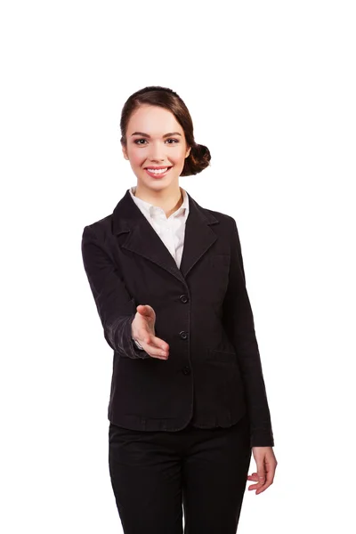 Lächelnde schöne Geschäftsfrau reicht Handschlag — Stockfoto