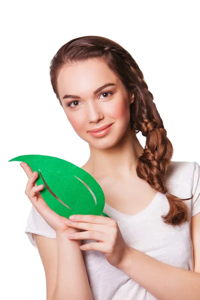 Picture of woman with green leaf. — Stock Photo, Image