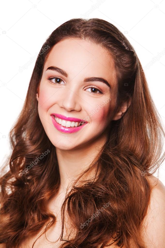 Portrait of Beautiful smiling Woman with pink lips