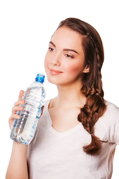 Beautiful woman holding bottle of water. on a diet — Stock Photo, Image