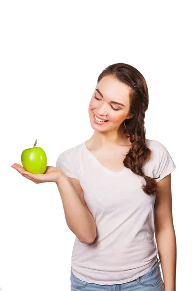 Schöne junge Frau mit grünem Apfel. Konzept der gesunden Ernährung. — Stockfoto