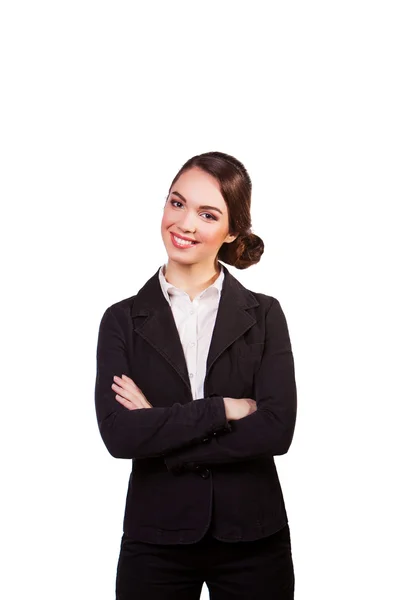 Portrait de heureuse jeune femme d'affaires isolée sur fond blanc — Photo