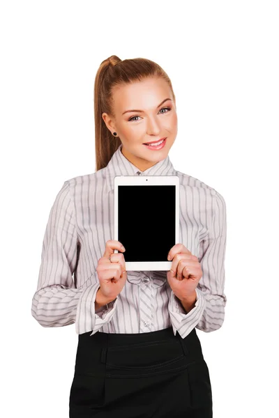 Mujer mostrando la pantalla de la tableta sonriendo. aislado sobre fondo blanco . —  Fotos de Stock