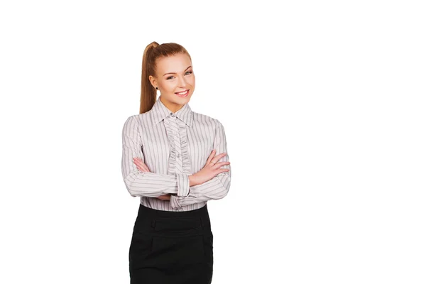 Sorrindo Jovem mulher de negócios isolado no fundo branco — Fotografia de Stock