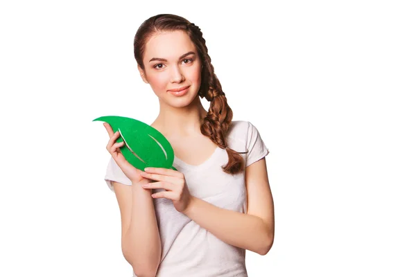 Mulher com folha verde — Fotografia de Stock