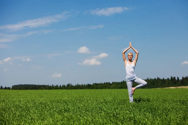 Yeşil çimenlerin üzerinde Yoga egzersiz yaparak güzel genç sağlıklı kadın. Yoga kavramı. — Stok fotoğraf