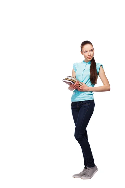 Full length portrait of young female college student on white — Stock Photo, Image