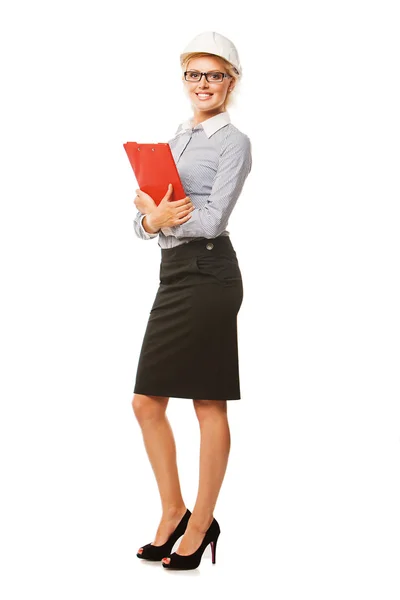 Concept de construction, de développement, de construction et d'architecture - femme d'affaires souriante avec casque blanc et presse-papiers — Photo