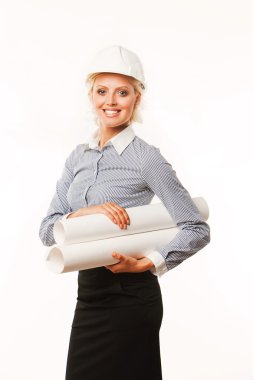 iş kadını mimar planları kask beyaz arka planda tutan