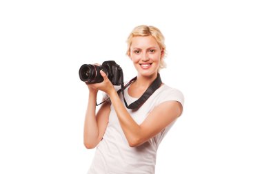 kamera ile gülümseyen güzel kız