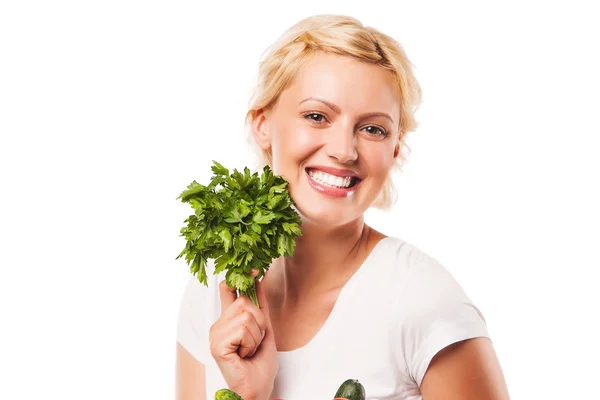 Smiling woman with parsley. on white — Stock Photo, Image