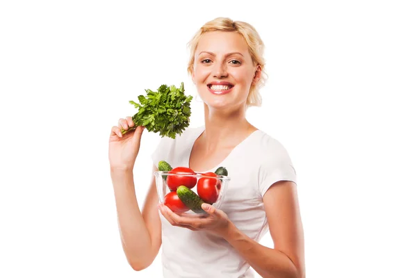 Sorrindo mulher feliz saudável com legumes. em branco — Fotografia de Stock