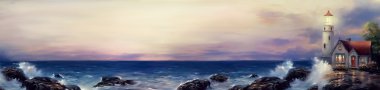 Deniz feneri deniz yağlı boya panoramik