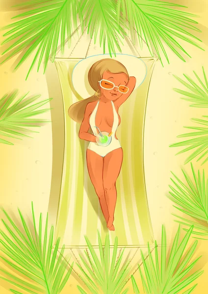 Hermosa joven en el salón de verano bajo la palma con cóctel — Foto de Stock