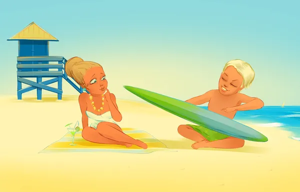 Chica y chico en la playa con tabla de surf — Foto de Stock