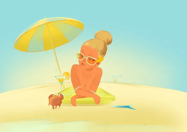 Mujer joven en traje de baño con cóctel en la playa con cangrejo —  Fotos de Stock