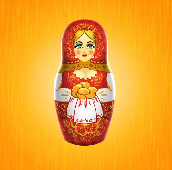 Bambola russa babushka o matrioshka con torte su sfondo di legno. Souvenir russo. Illustrazione vettoriale realistica — Vettoriale Stock