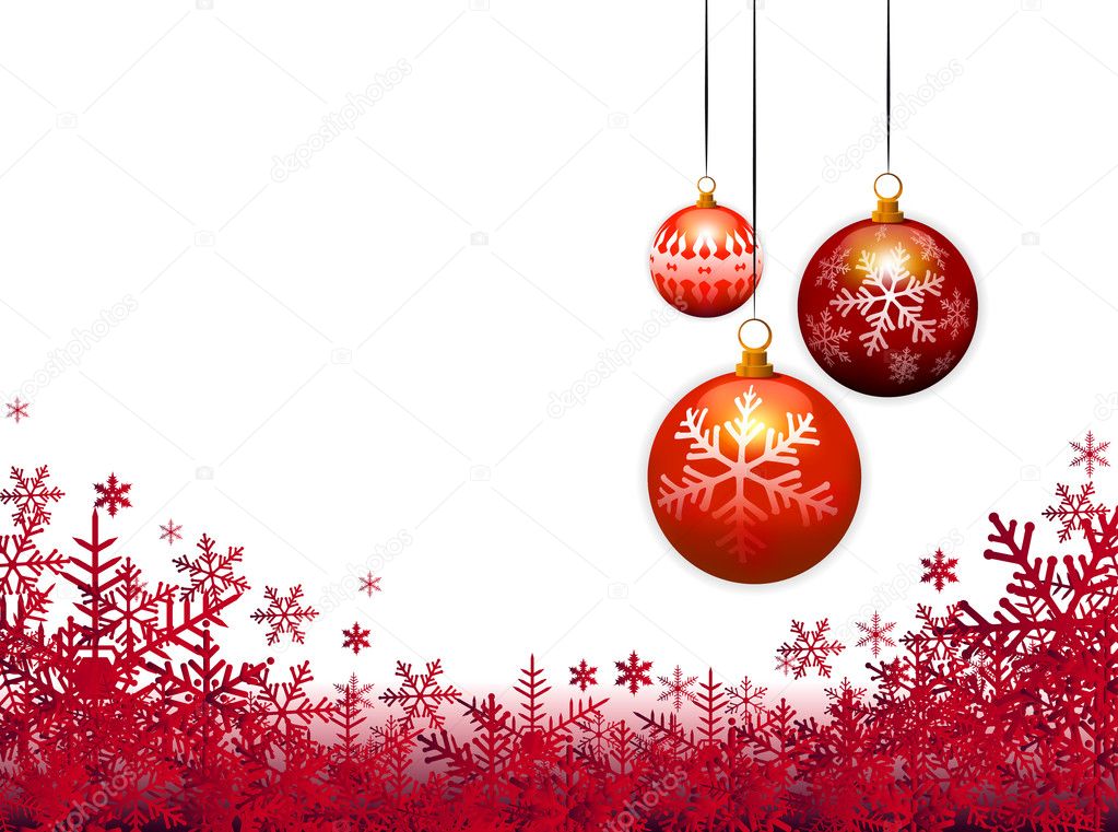 Three christmas balls on snow flakes background