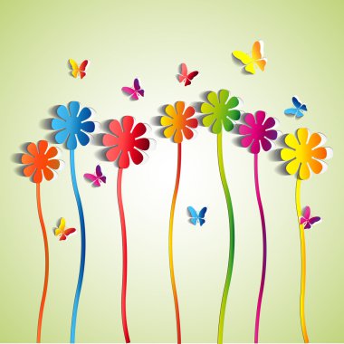 Abstract paper Flowers - paper butterfly - spring theme card - vector