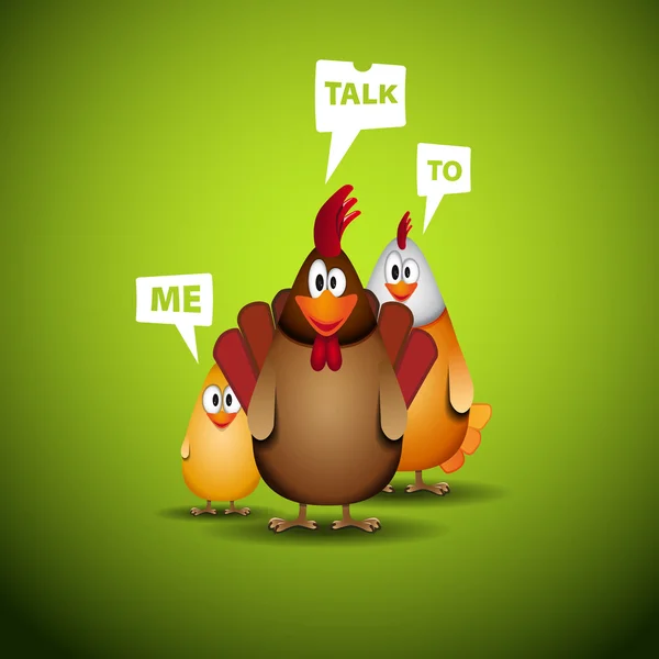 Páscoa feliz - Família de frango engraçado com bolhas de fala - ilustração vetorial —  Vetores de Stock