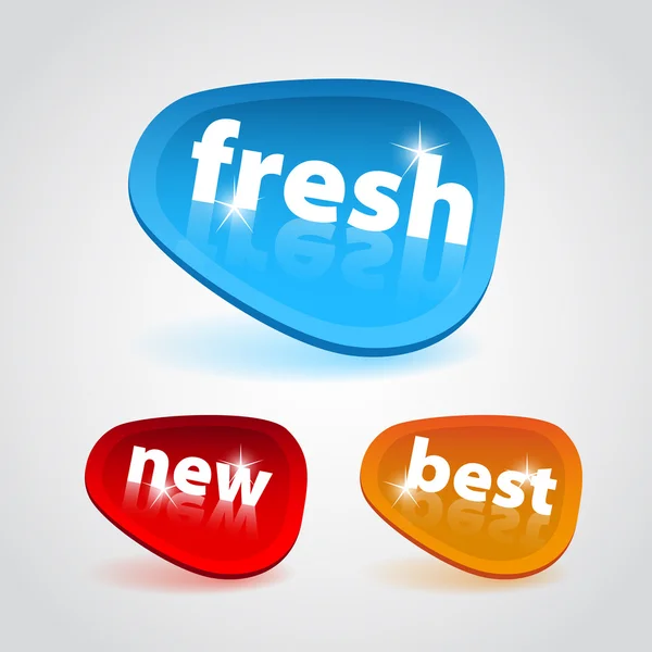 Sticker blue, red and orange - Fresh, New and Best word — Stock Photo, Image