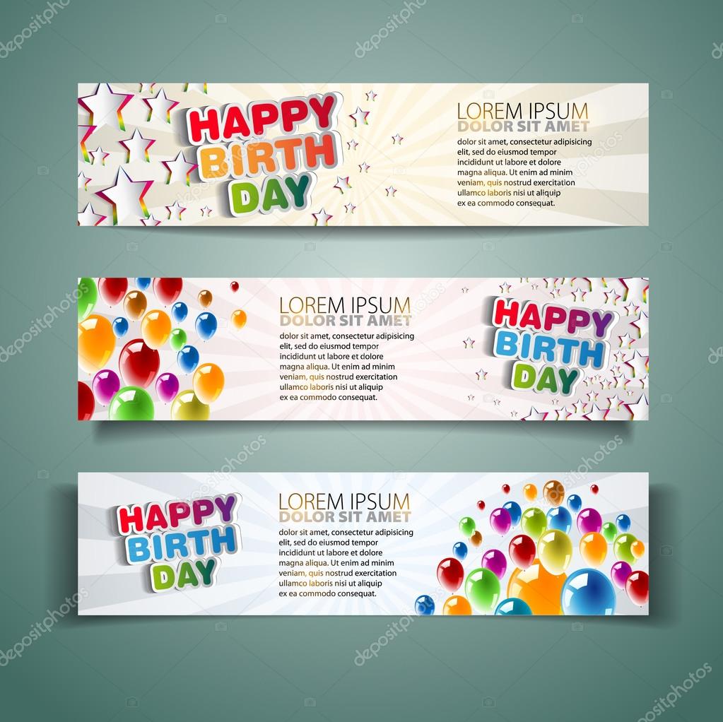 Happy Birthday Holiday banners with colorful balloons and stars