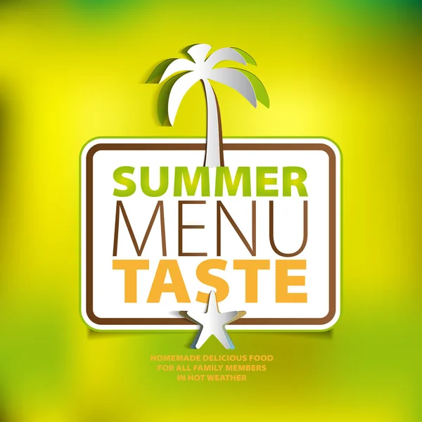 Menú de verano sabor tema con palmera de papel y mar — Foto de Stock