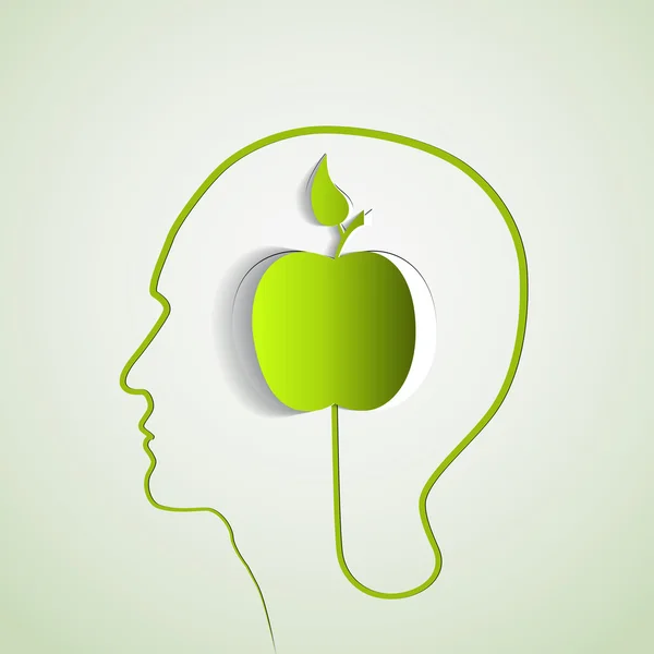 Menselijk hoofd met papier groene apple — Stockvector