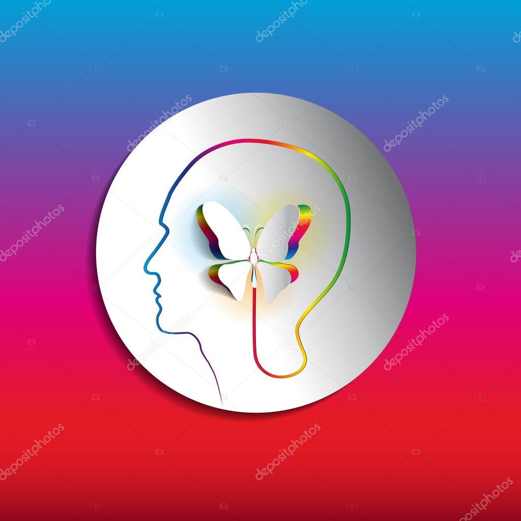 Human head with paper rainbow butterfly in white circle - symbol