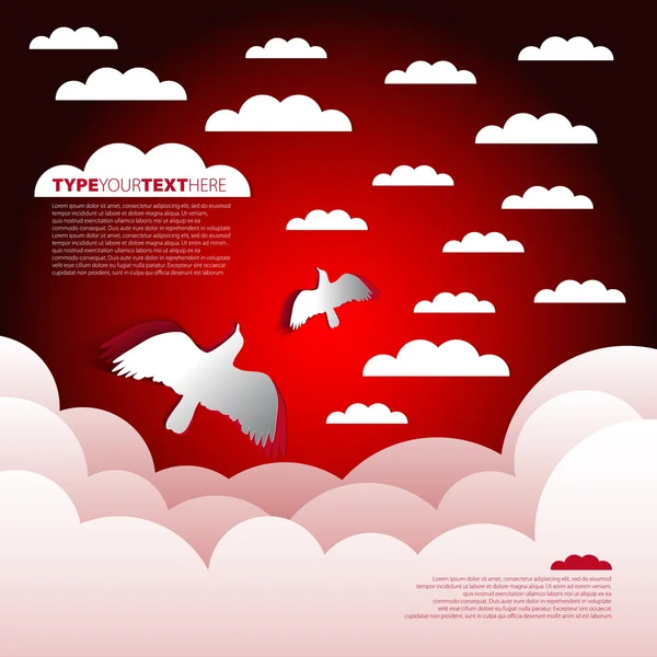 Fondo de papel meteorológico - Cielo rojo con nubes y pájaros — Vector de stock