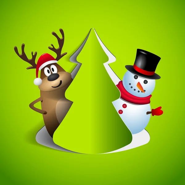 Reindeer and snowman with papercut tree — Stock Vector