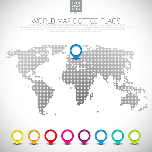 Pointeurs de carte avec carte du monde en pointillés — Image vectorielle