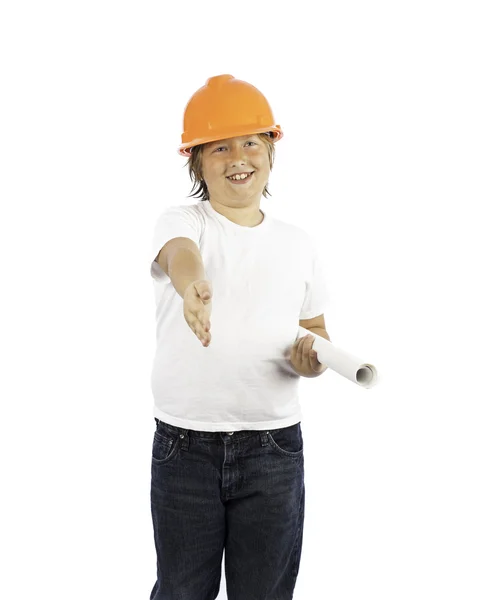 Niño en sombrero duro con la mano extendida — Foto de Stock