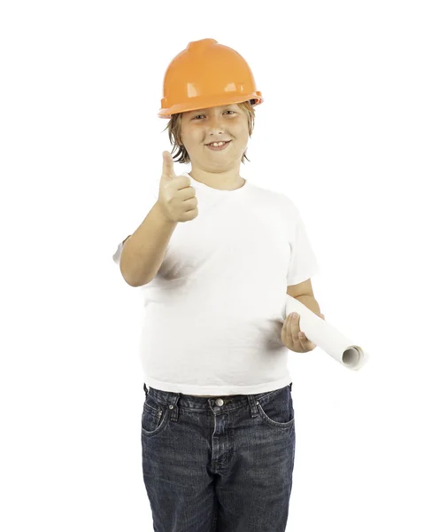 Boy in Hard hat with thumbs up — Stock Photo, Image