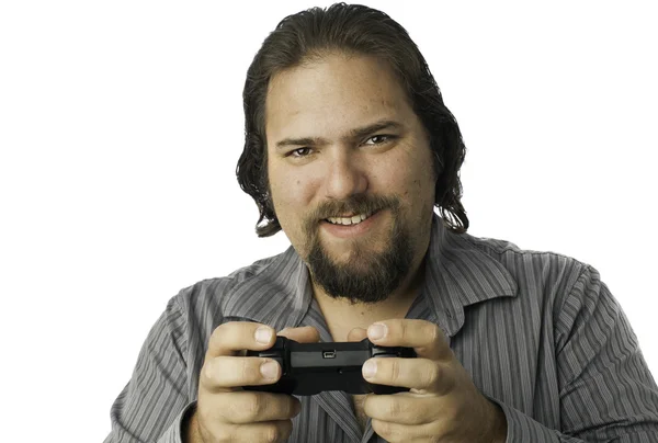 Geïsoleerde man met video game controller — Stockfoto