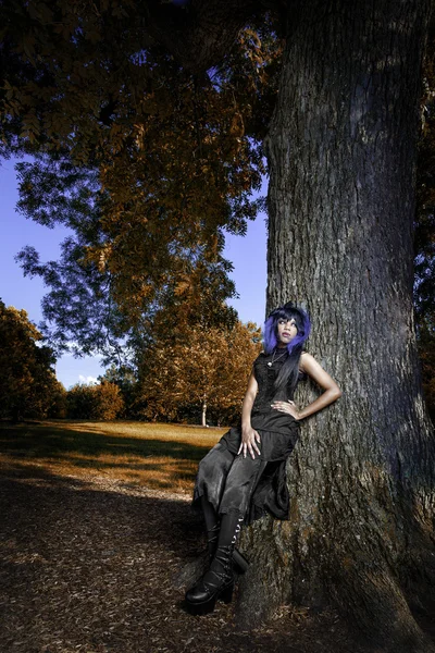 Mulher gótica preta sexy por árvore Imagem De Stock