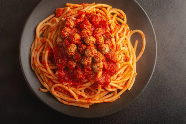 Placa Vista Superior Carne Spaghetti Como Una Italiana — Foto de Stock