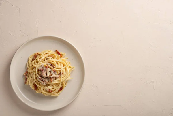Placa Vista Superior Spaghetti Carbonara Con Espacio Para Copiar — Foto de Stock