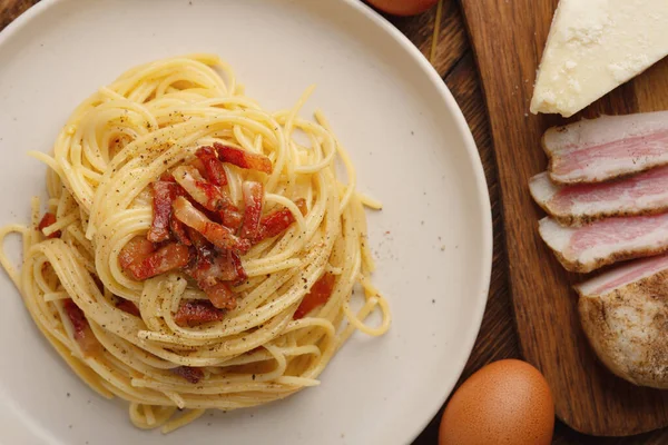 Placa Vista Superior Spaghetti Carbonara Ingredientes — Foto de Stock