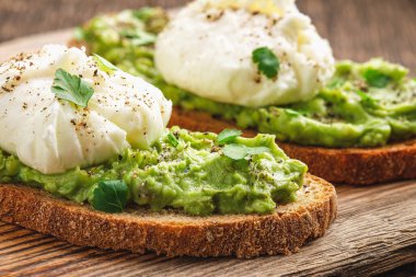 Close-up avocado toast with poached egg